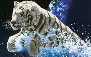 Tigre saltando en el espacio, fondo de pantalla 4K épico