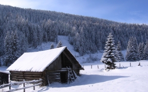 Cabaña de madera en la nieve