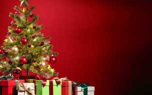 Christmas 2560x1440 new year gifts fir tree red 5k