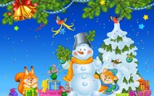 Ardillas con muñeco de nieve en navidad