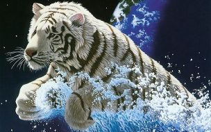 Tigre saltando en el espacio, fondo de pantalla 4K épico