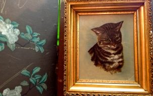 Arte de gato vintage en marco para fondo de pantalla 4K