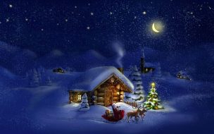 Christmas 2560x1440 new year santa deer moon night winter house snow