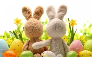 Easter 2560x1440 eggs flower rabbit 5k