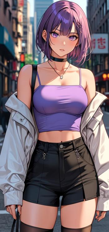 Chica anime con estilo urbano y cabello púrpura