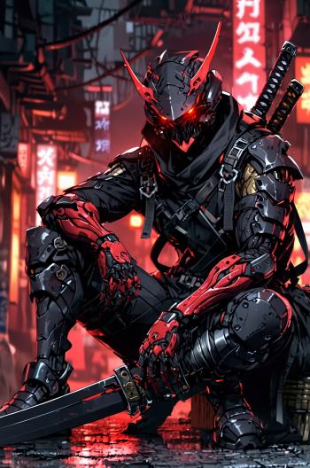 Fondo de Pantalla 4K de Demonio Cibernético Samurai en Ciudad Futurista