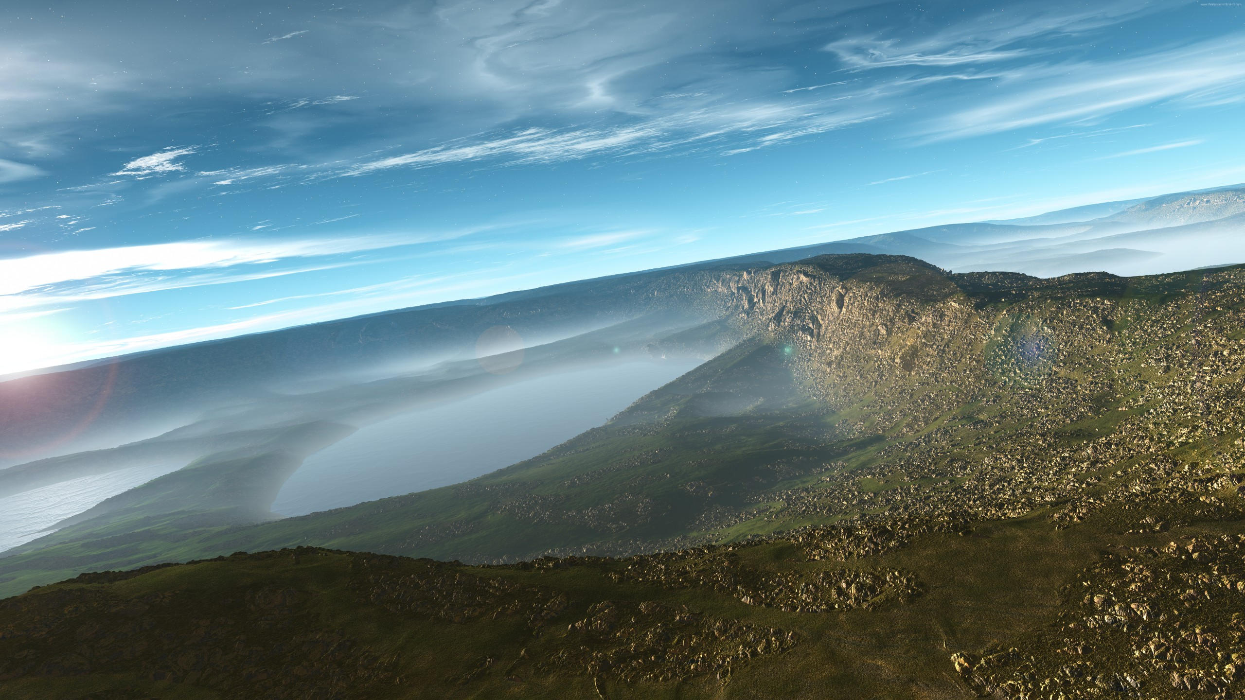 3d 2560x1440 mountains sky clouds river