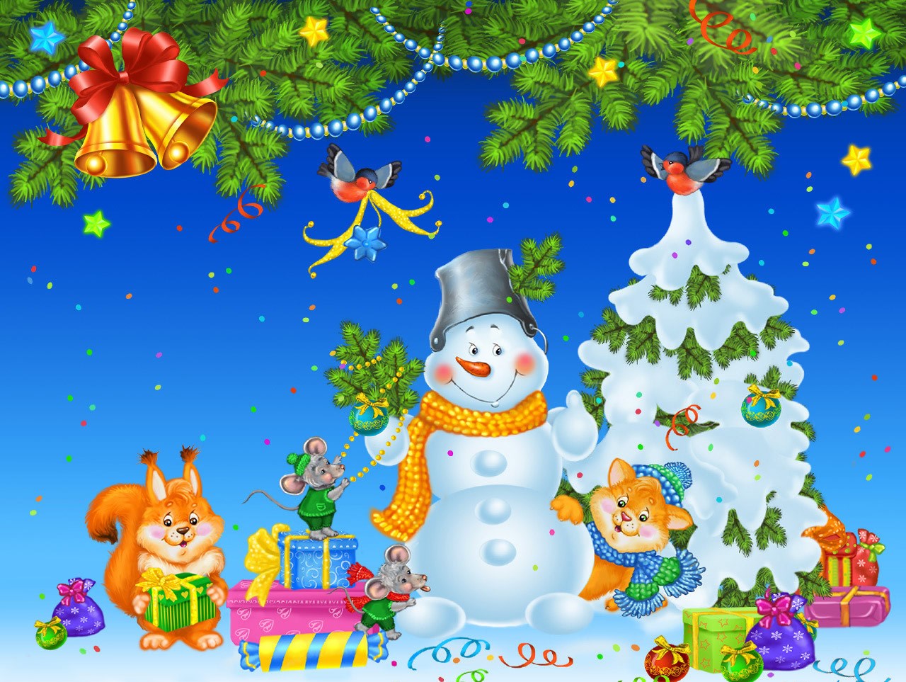 Ardillas con muñeco de nieve en navidad