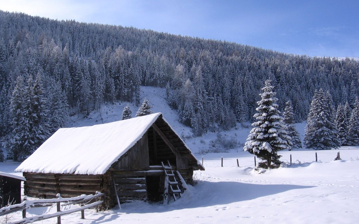 Cabaña de madera en la nieve