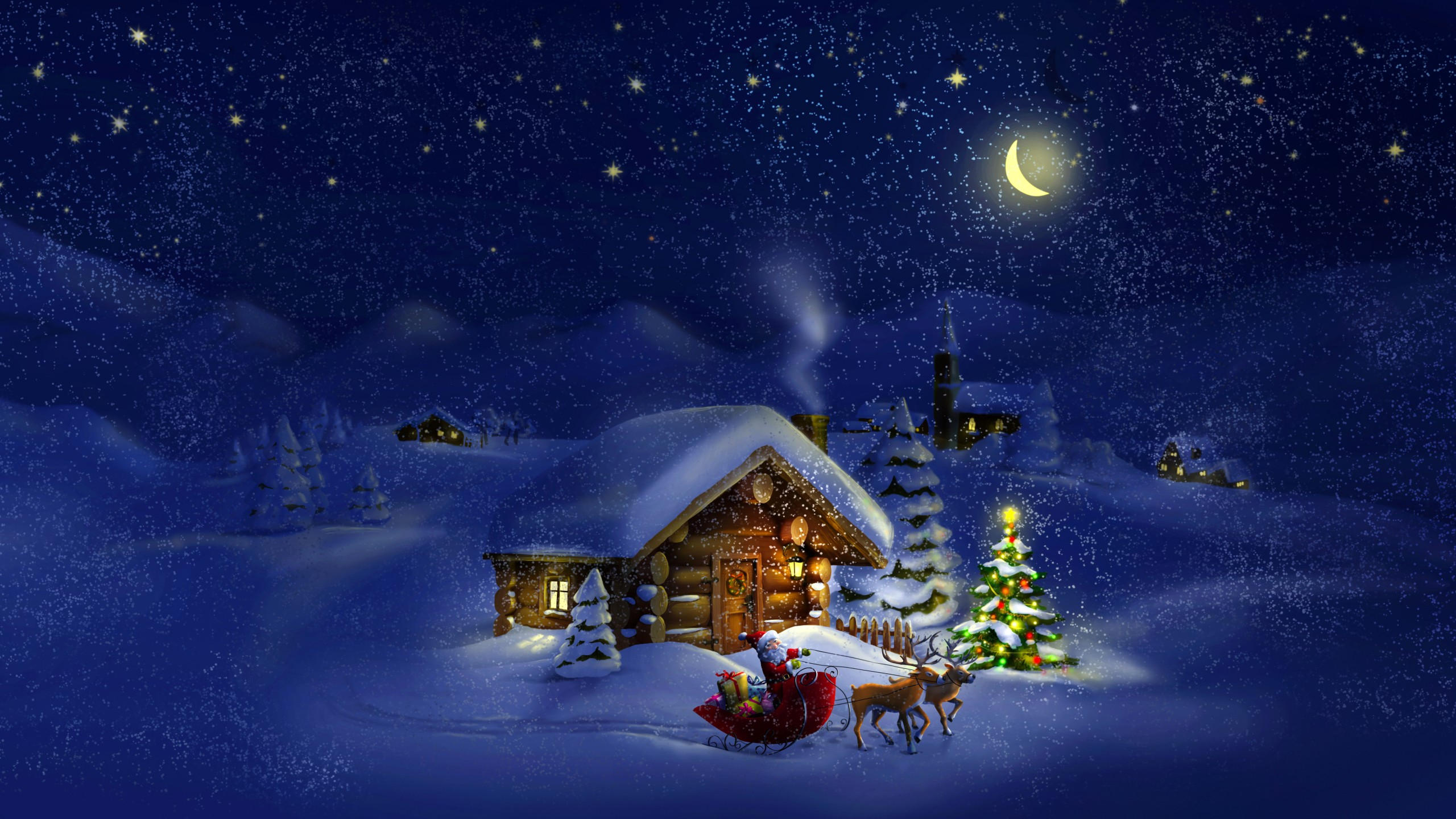 Christmas 2560x1440 new year santa deer moon night winter house snow