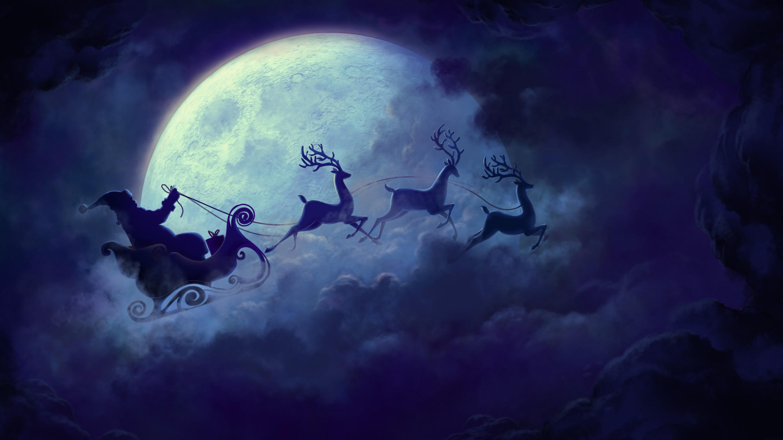 Deer 2560x1440 santa moon clouds christmas
