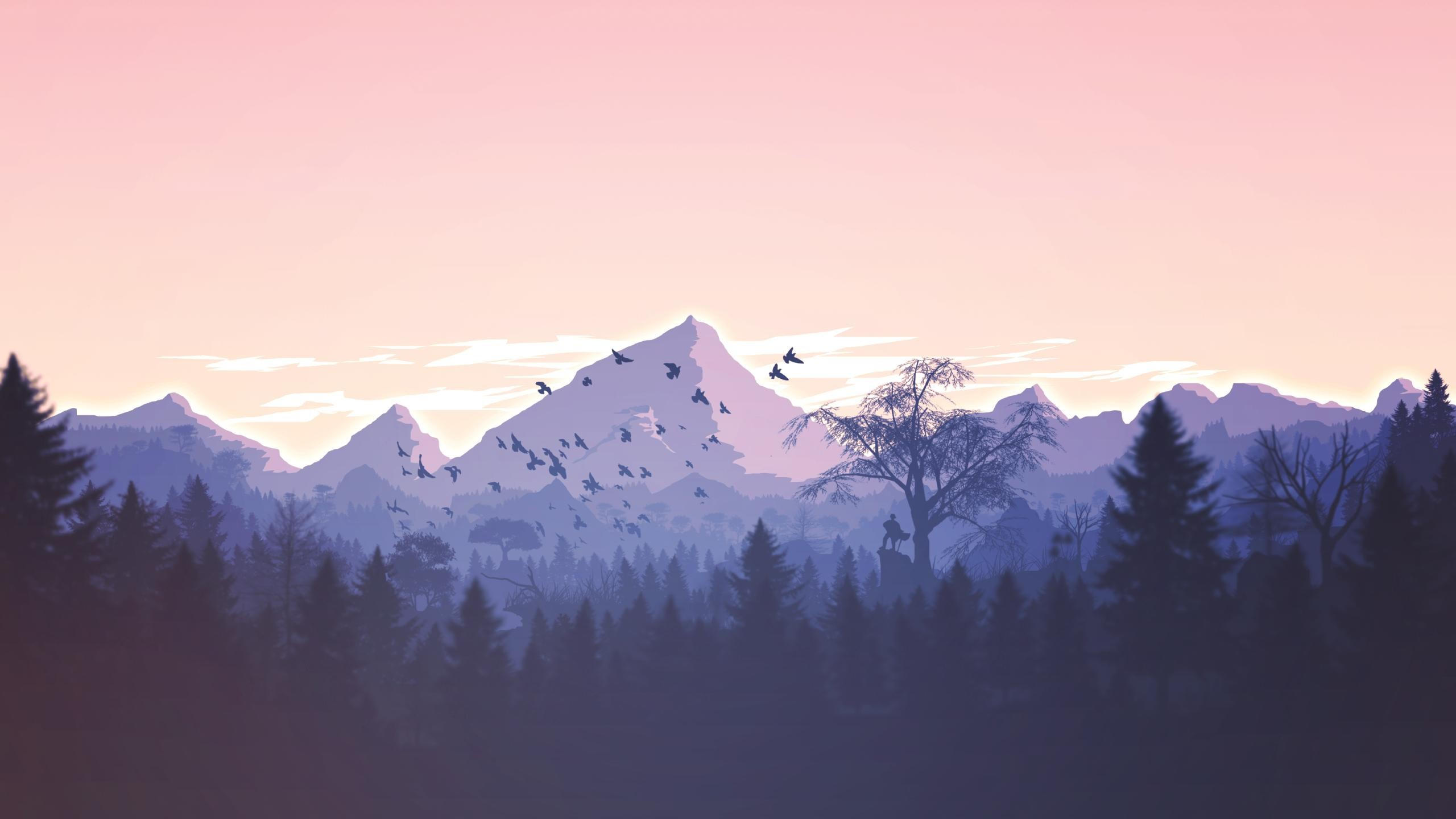 Forest 2560x1440 mountains violet birds art hd