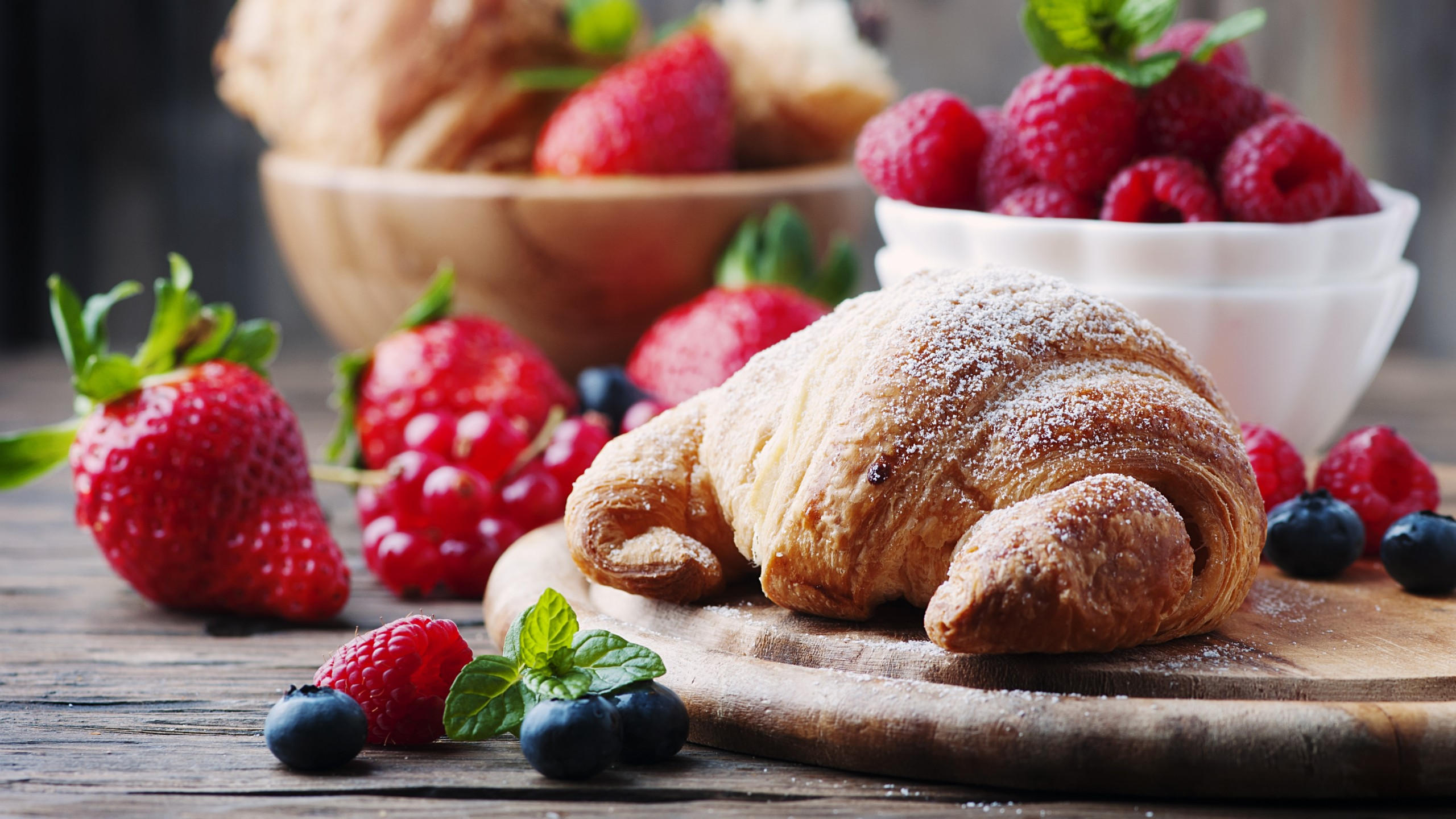 French croissants 2560x1440 fruit berries strawberry raspberry