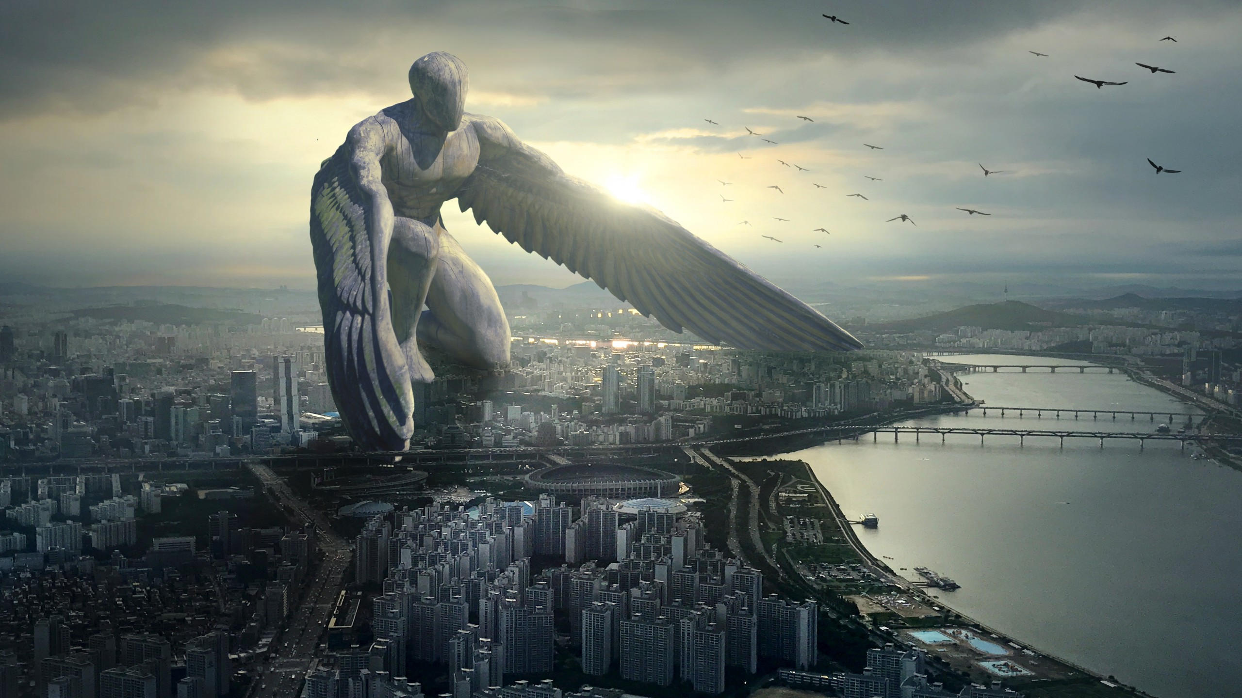 Giant angel 2560x1440 city 6k