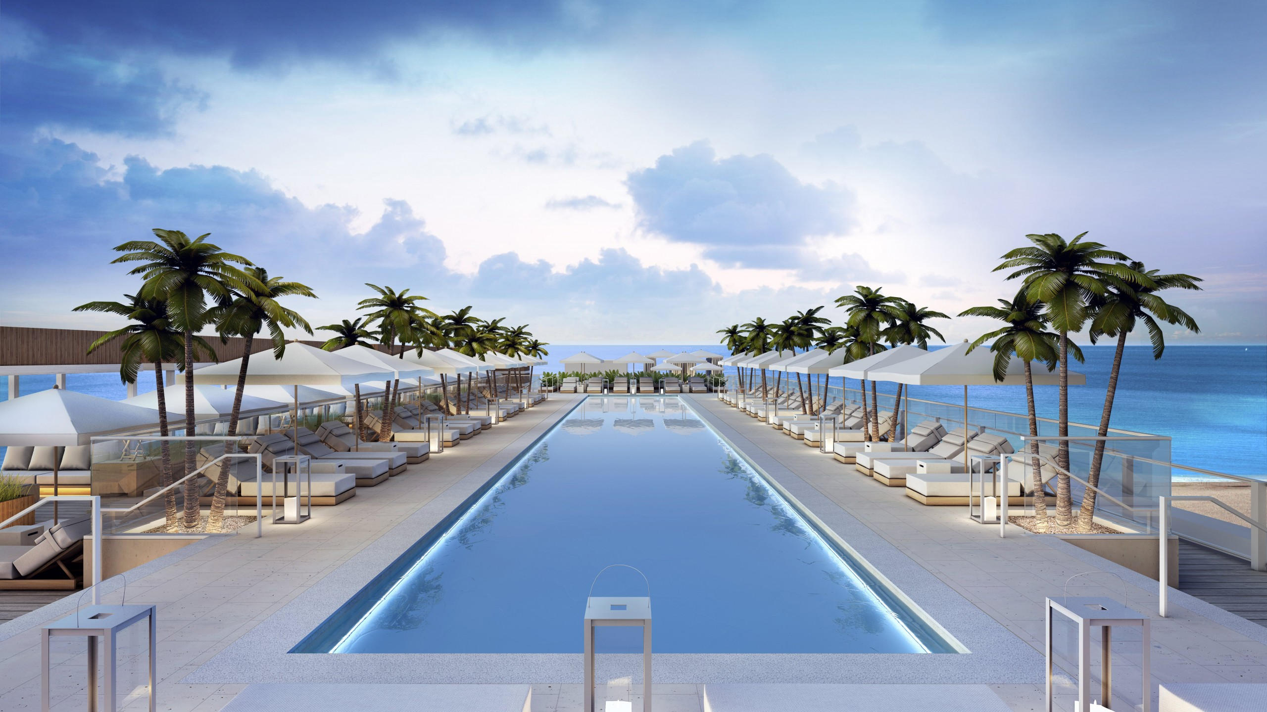 Miami 2560x1440 south beach hotel pool sunbed water palm sky sea