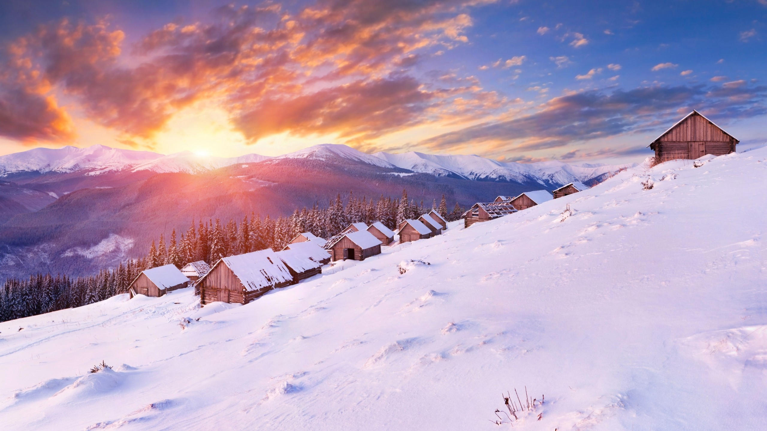Mountains 2560x1440 5k 4k wallpaper hills sunset snow winter house
