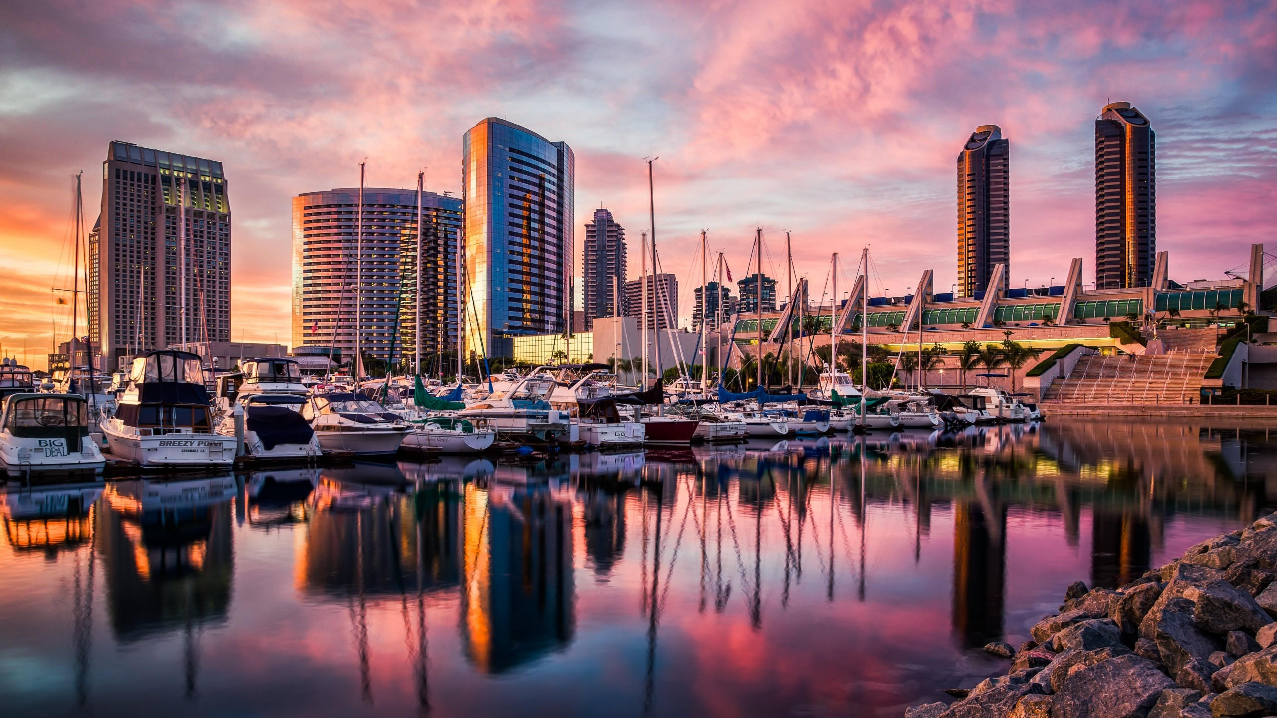 San diego 2560x1440 harbor sunset sunrise water reflections city