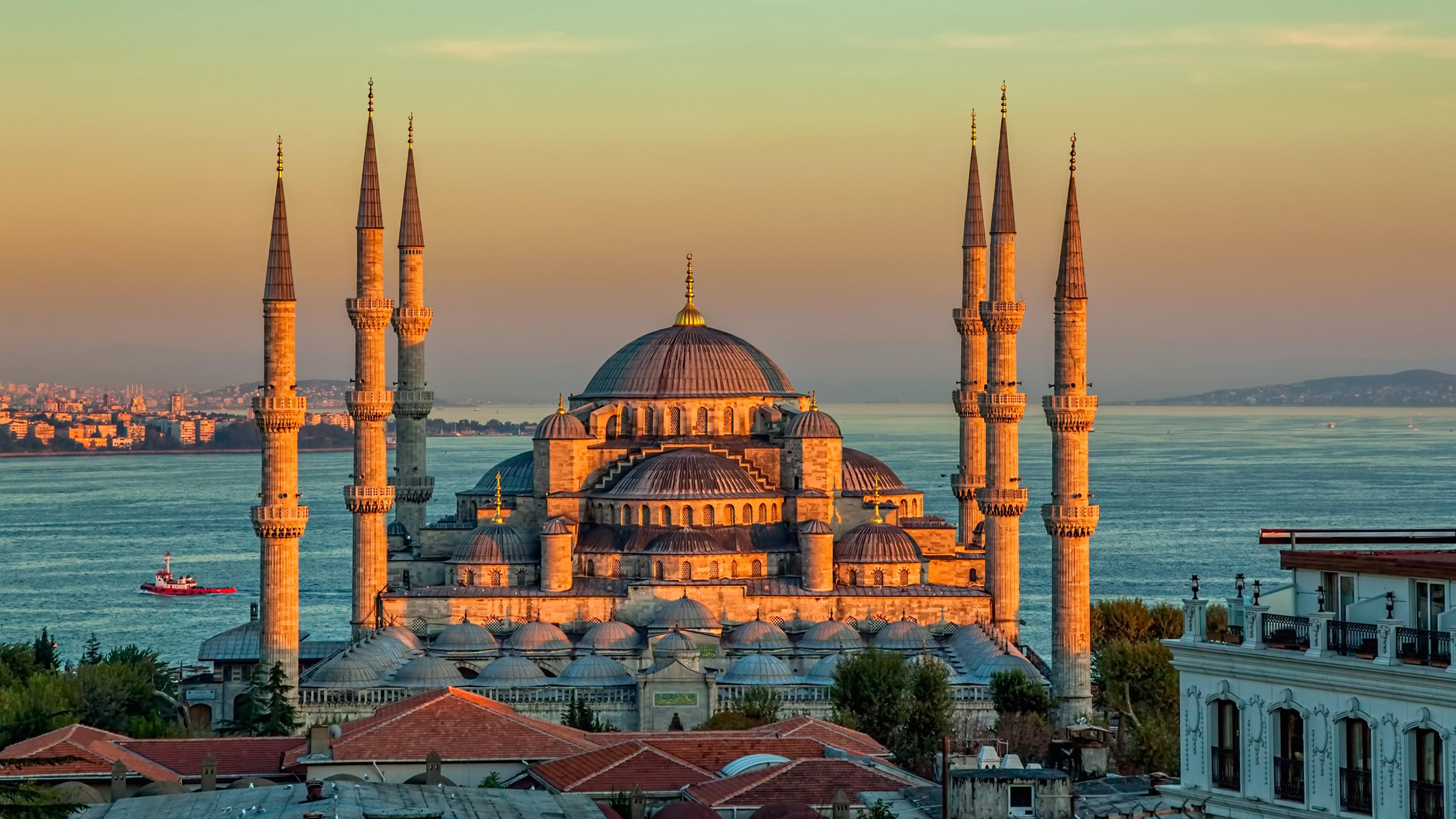 Sultan ahmed mosque 2560x1440 turkey istanbul sunrise 4k