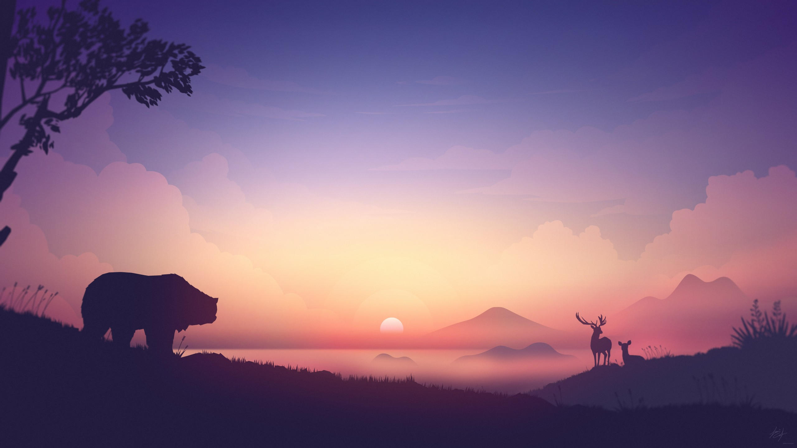 Sunset 2560x1440 bear deer 8k