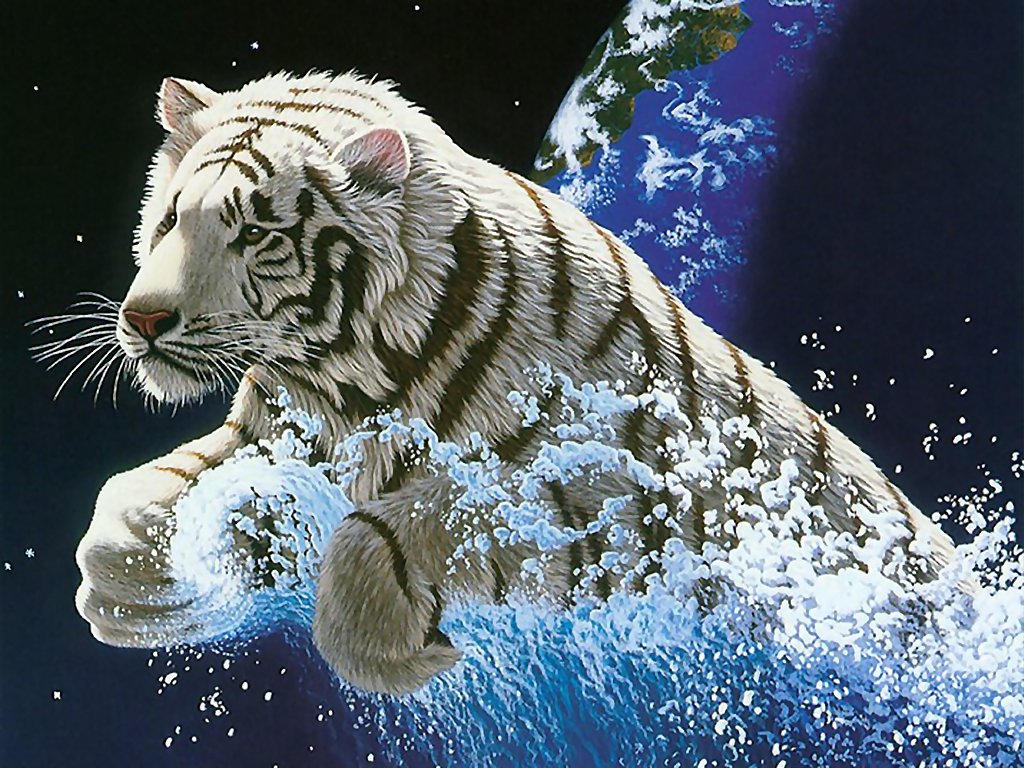 Tigre saltando en el espacio, fondo de pantalla 4K épico