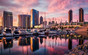 San diego 2560x1440 harbor sunset sunrise water reflections city