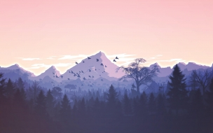 Forest 2560x1440 mountains violet birds art hd