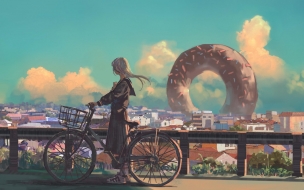 Girl 2560x1440 bicycle city 4k