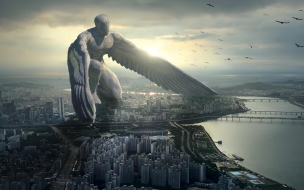 Giant angel 2560x1440 city 6k