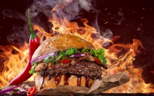 Burger 2560x1440 steak fire fast food pepper 5k