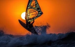 Windsurfing 2560x1440 sunset sky sea waves