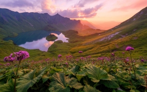 Mountains 2560x1440 lake sky field sunset 4k