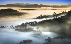 Fondo de pantalla de Sunset 2560x1440 fog forest mountains 8k