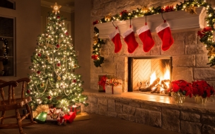 Christmas 2560x1440 new year gifts fir tree fireplace decorations 5k