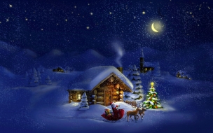 Christmas 2560x1440 new year santa deer moon night winter house snow