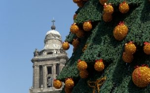 Fondo de pantalla de Fondos hd perfil de arbol con bolitas con escarcha dorada