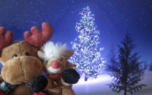 Fondo de pantalla de Fondo de pantalla arbol con luces blancas y reno peluche