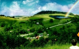 Fondo de pantalla de Colinas verdes con arcoiris