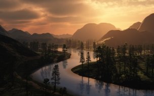 Fondo de pantalla de Forest 2560x1440 mountains sunset river hd