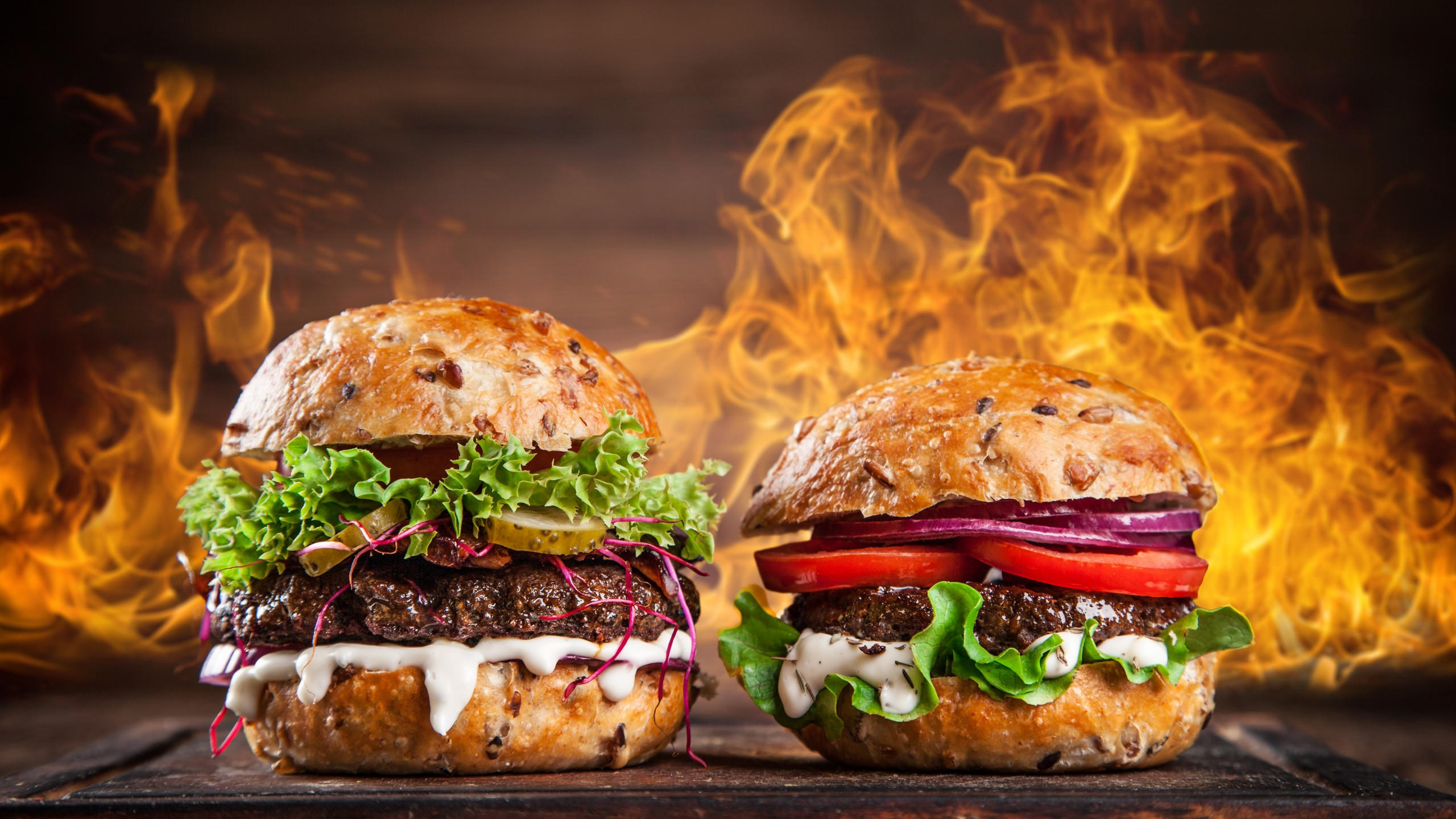 Burger 2560x1440 steak fire 5k