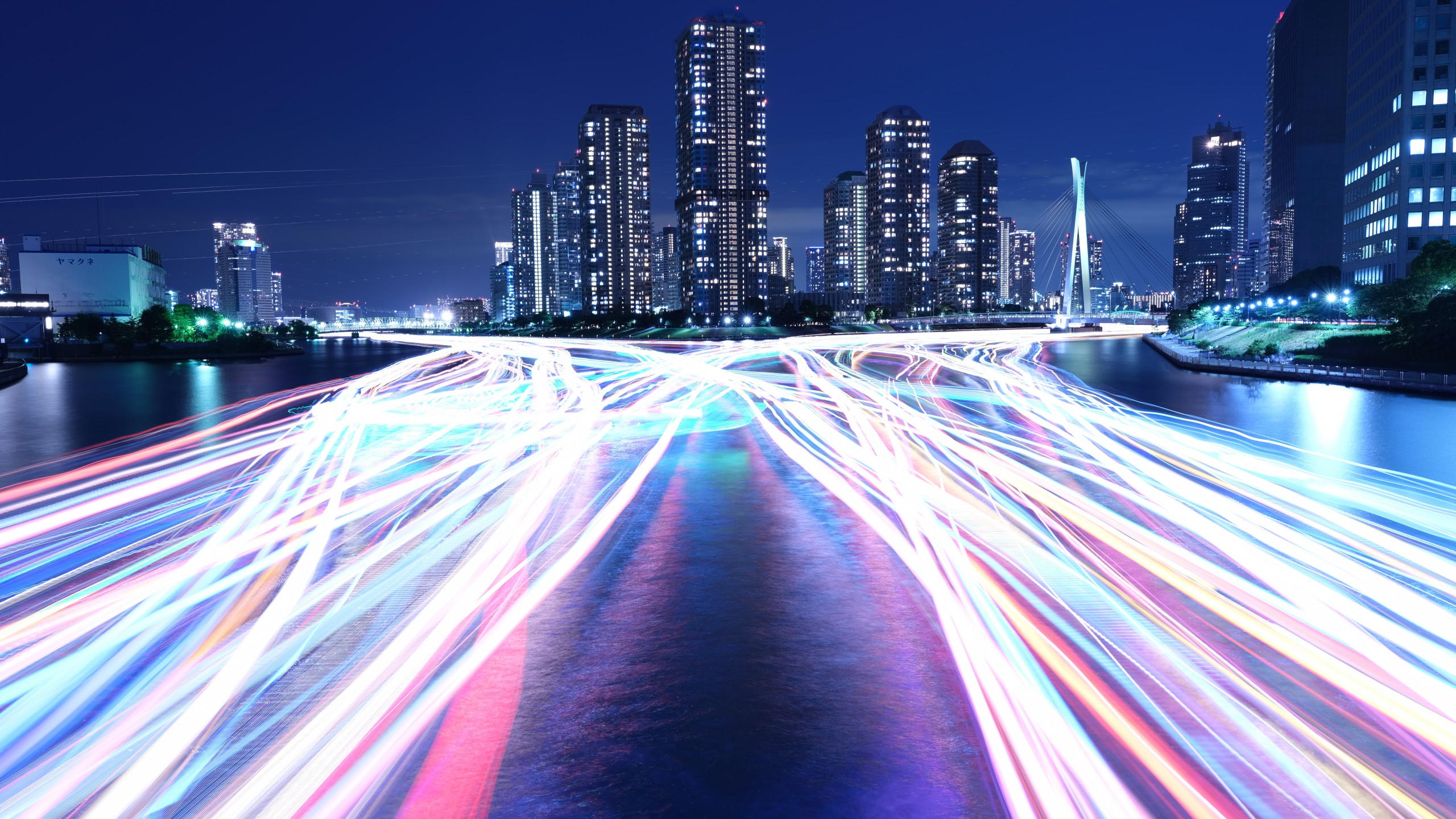 City 2560x1440 light night river 4k 8k