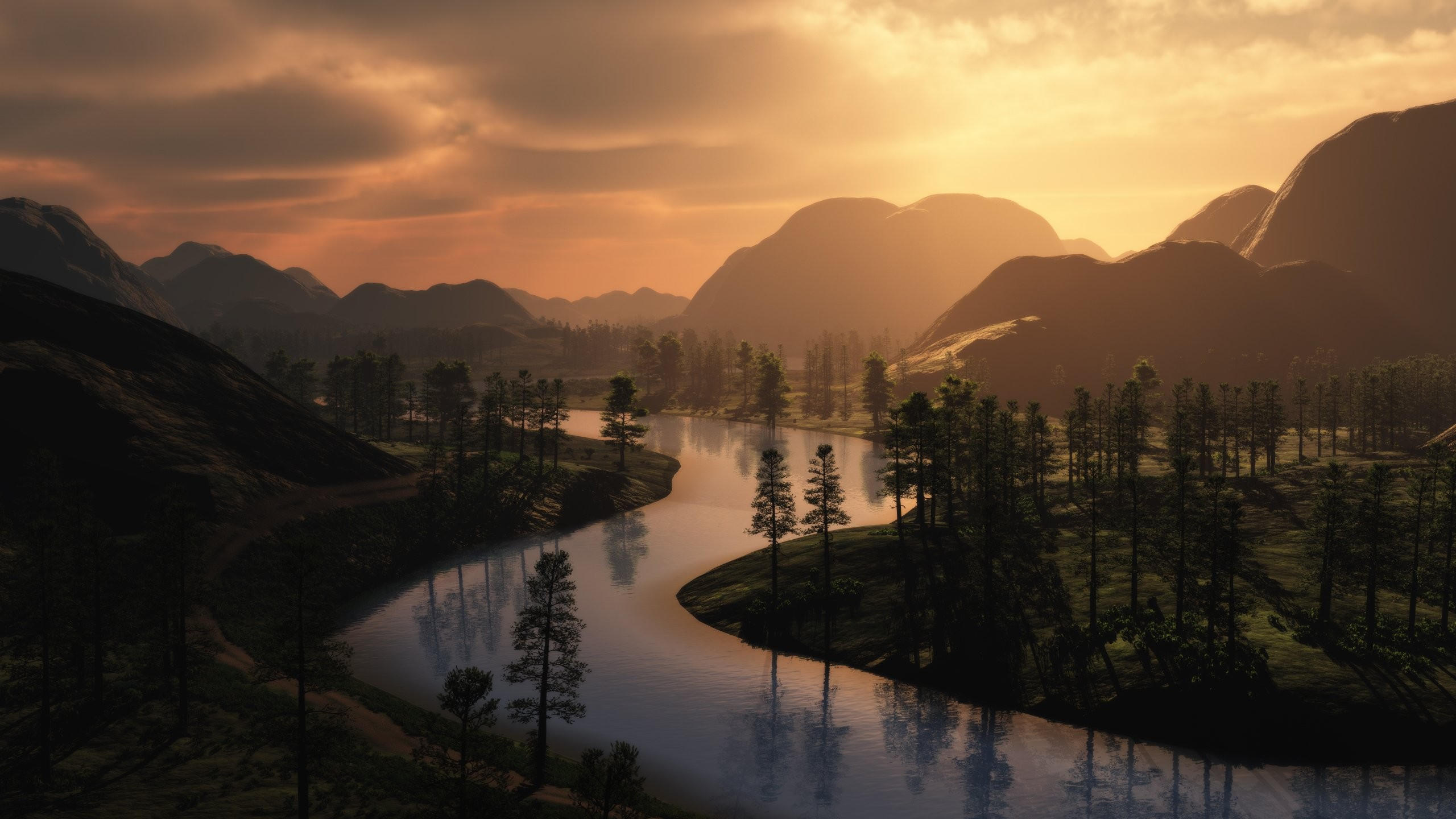 Forest 2560x1440 mountains sunset river hd