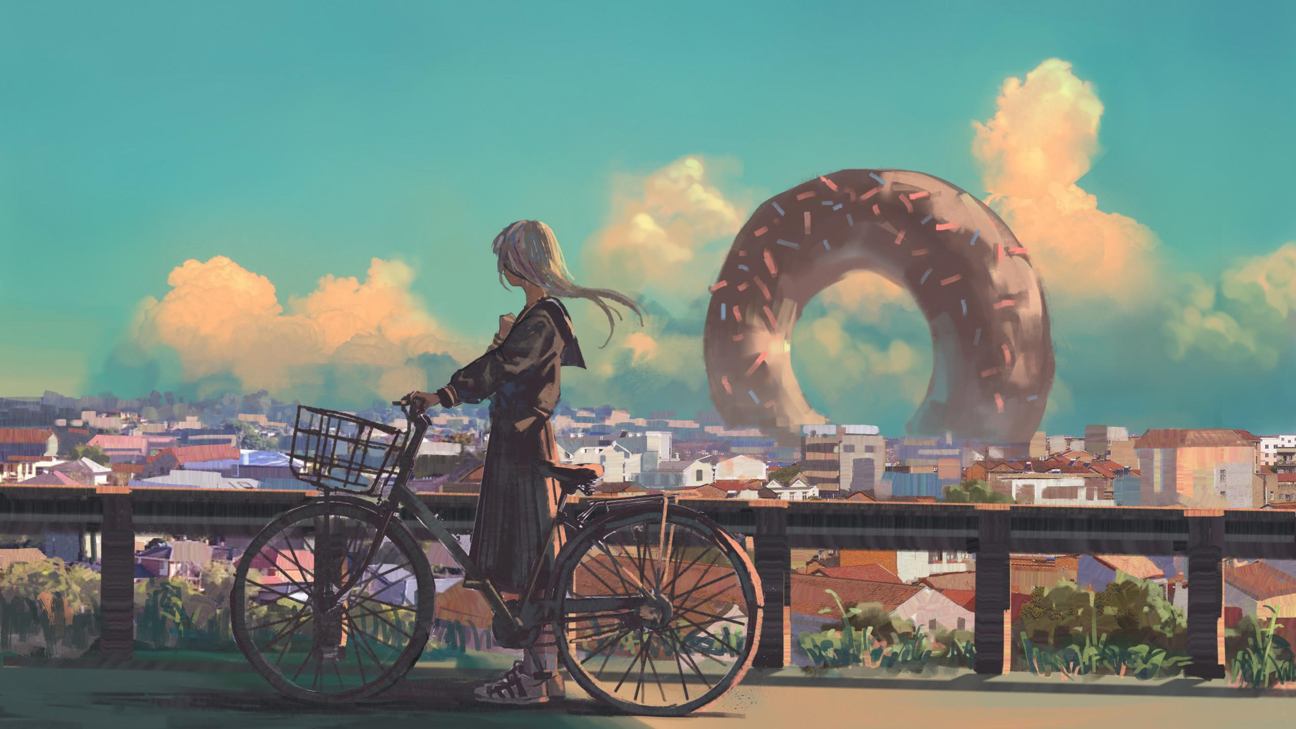 Girl 2560x1440 bicycle city 4k