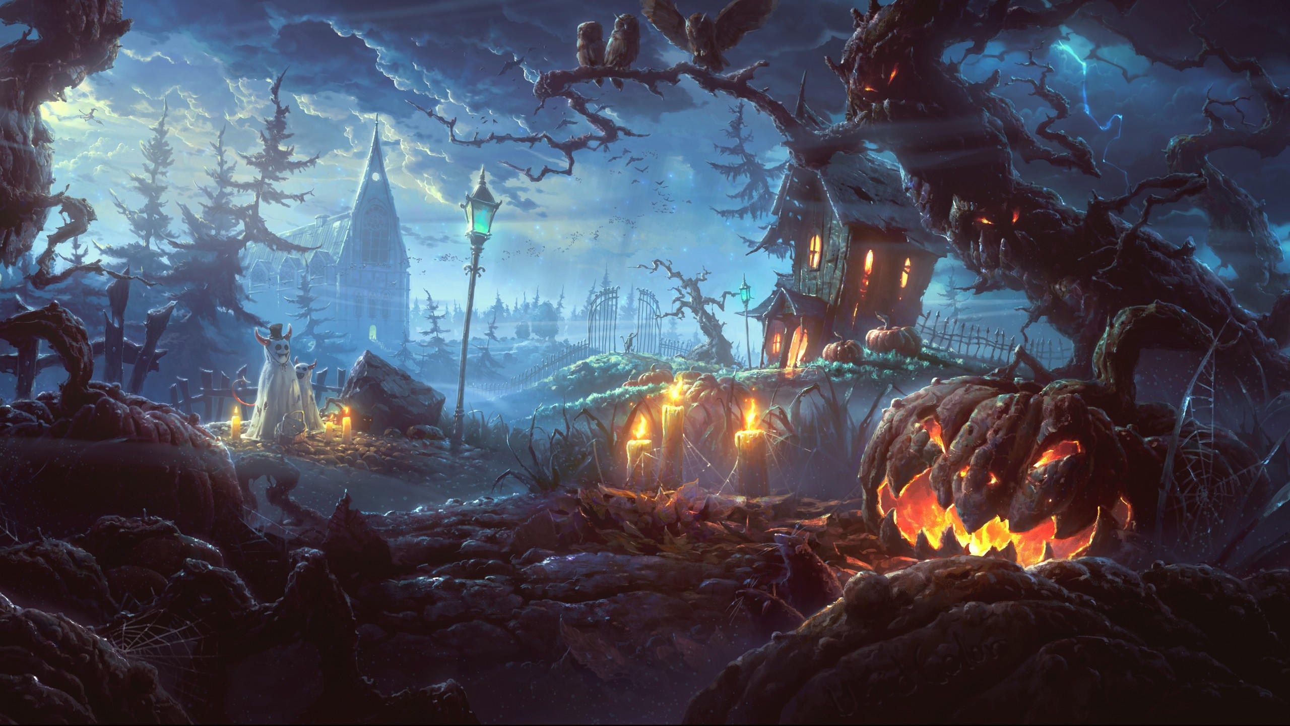Holiday 2560x1440 halloween 31 october pumpkin host forest castle