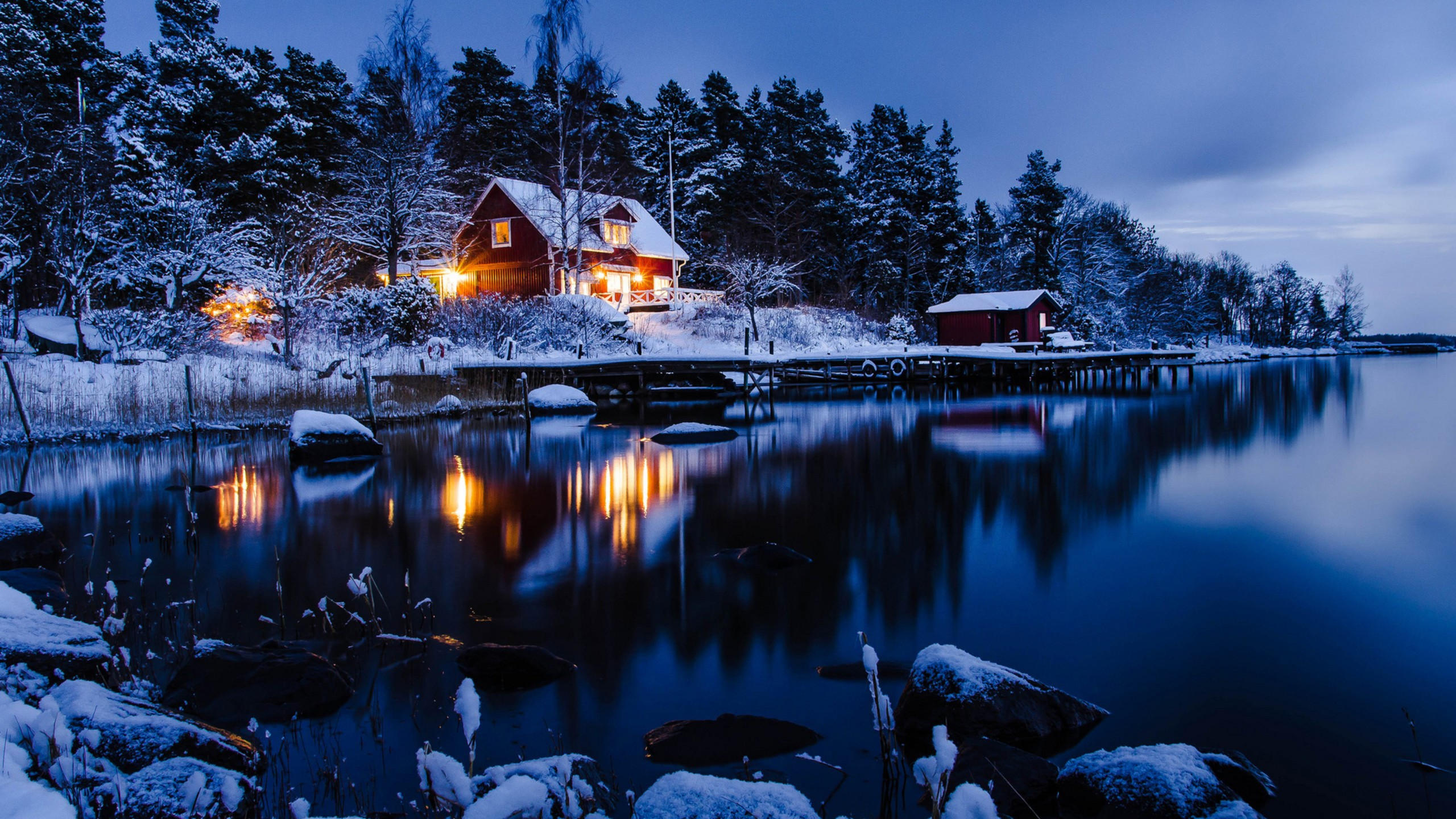 House 2560x1440 lake trees winter 5k