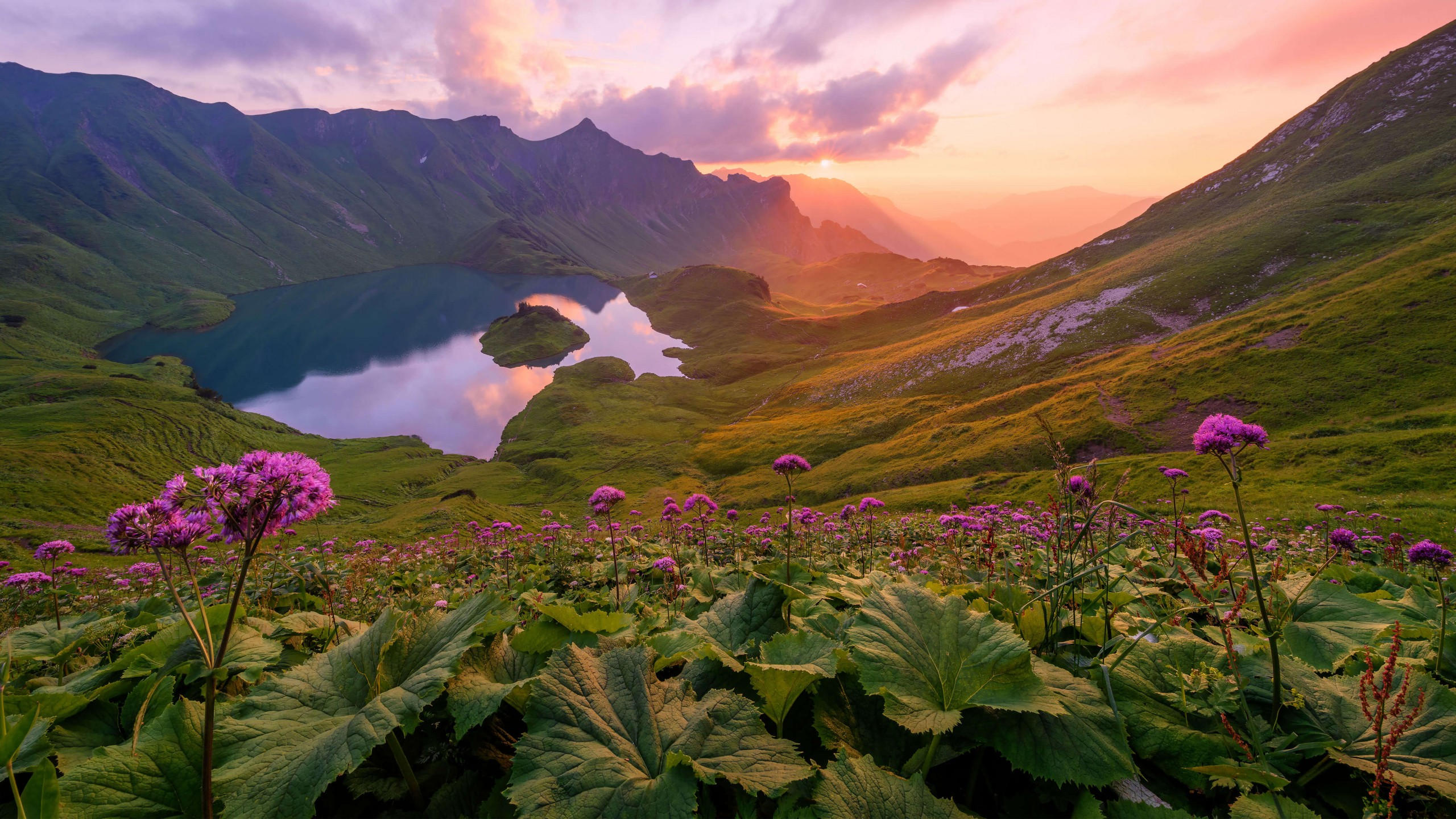Mountains 2560x1440 lake sky field sunset 4k
