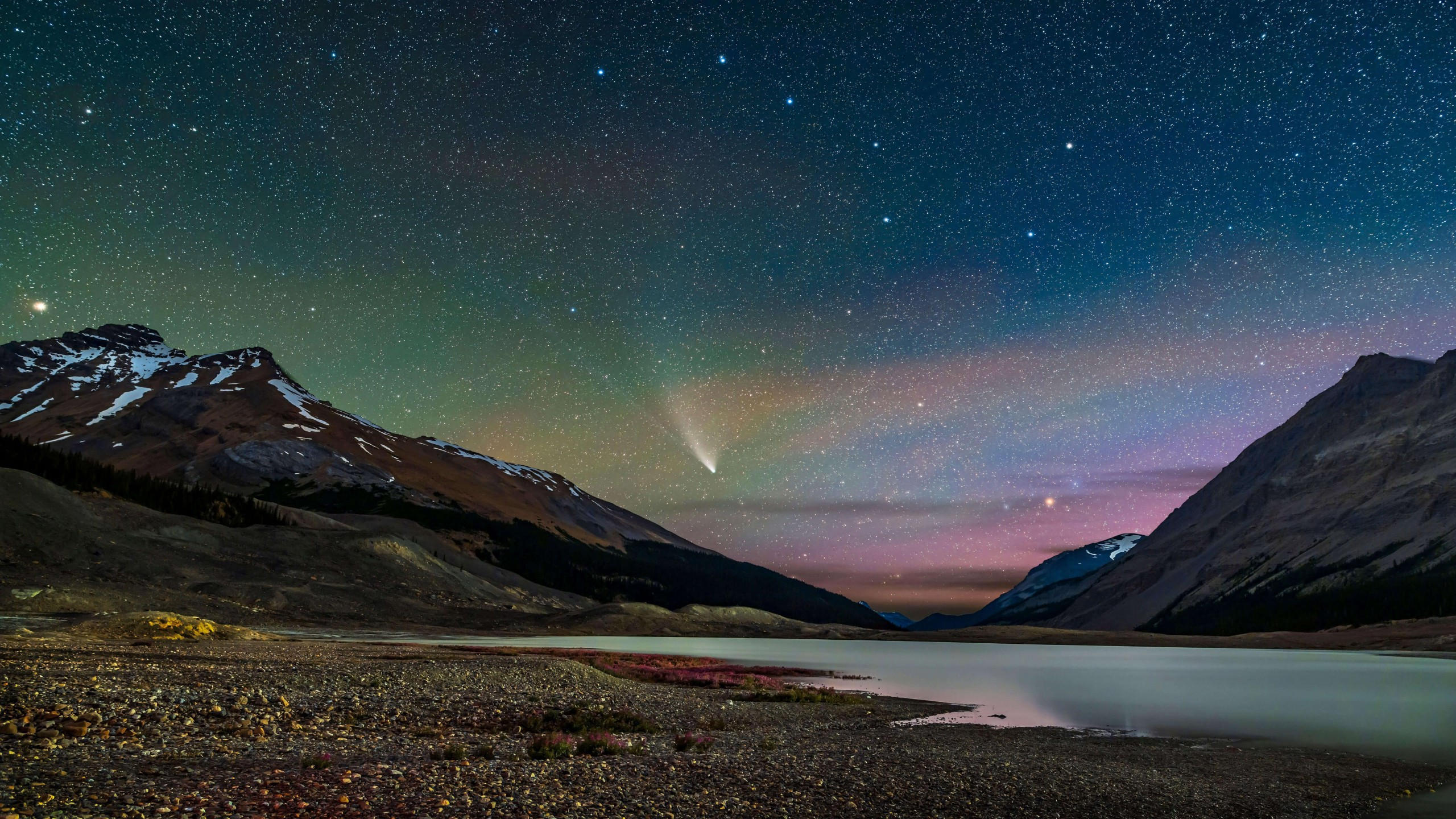Night 2560x1440 sky stars reflection lake 5k