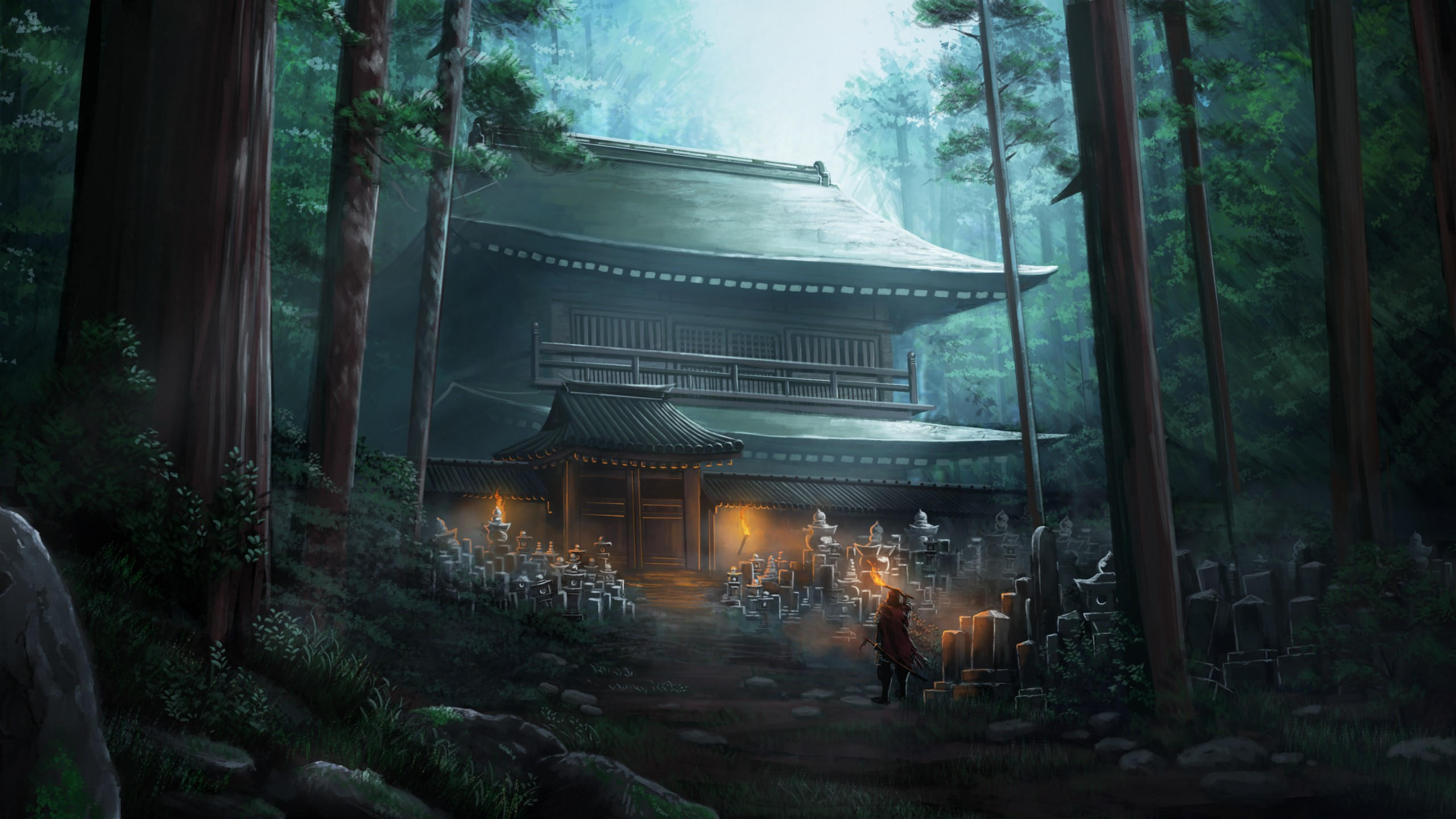 Temple 2560x1440 forest 4k