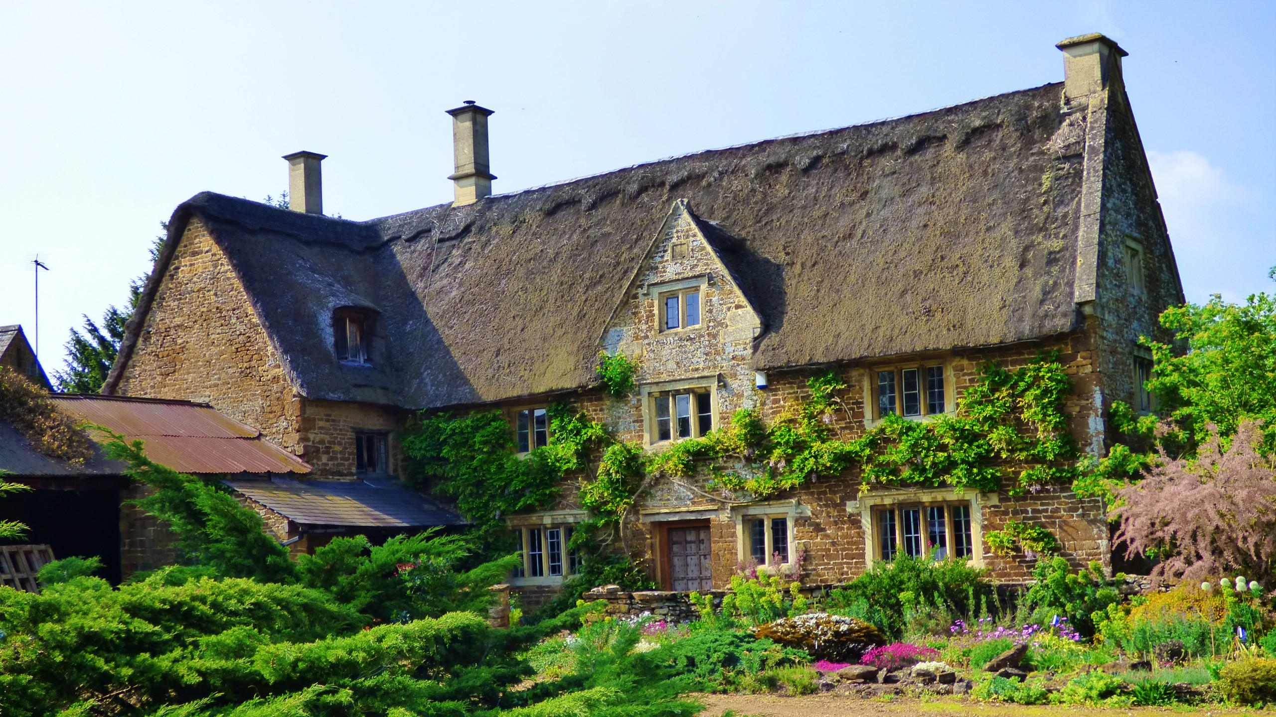 Thatched house 2560x1440 green roof 4k