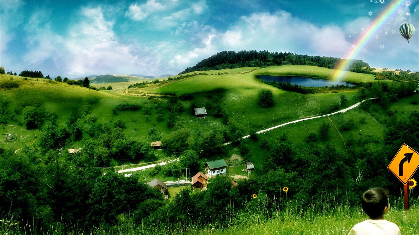 Colinas verdes con arcoiris